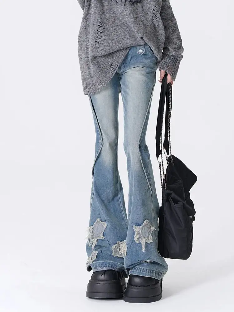 Women Blue Y2k Star Flare Jeans Vintage Cowboy Pants