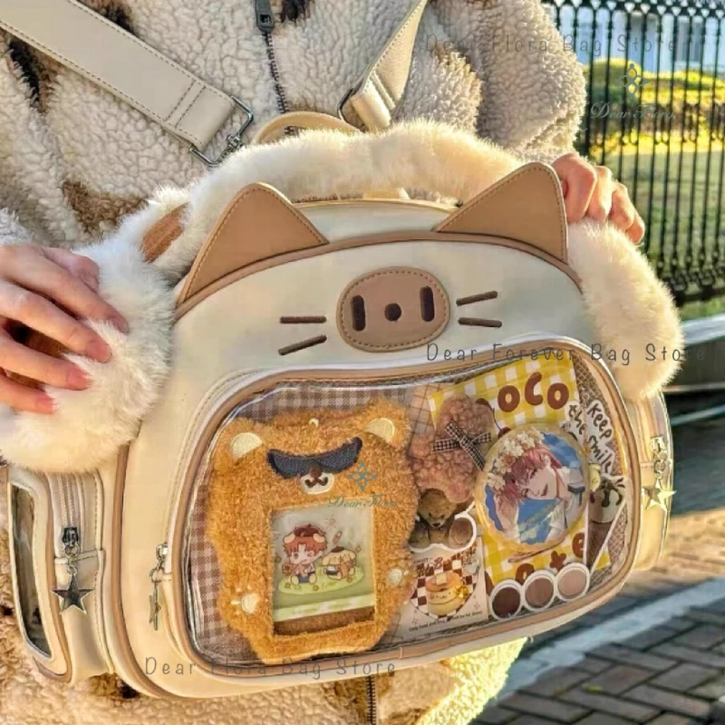 New Y2K Korean Kawaii Cat Ita Bag Cute PU Shoulder Bag Girls Transparent Pocket Harajuku Crossbody Bag Women's Fashion Backpacks 3