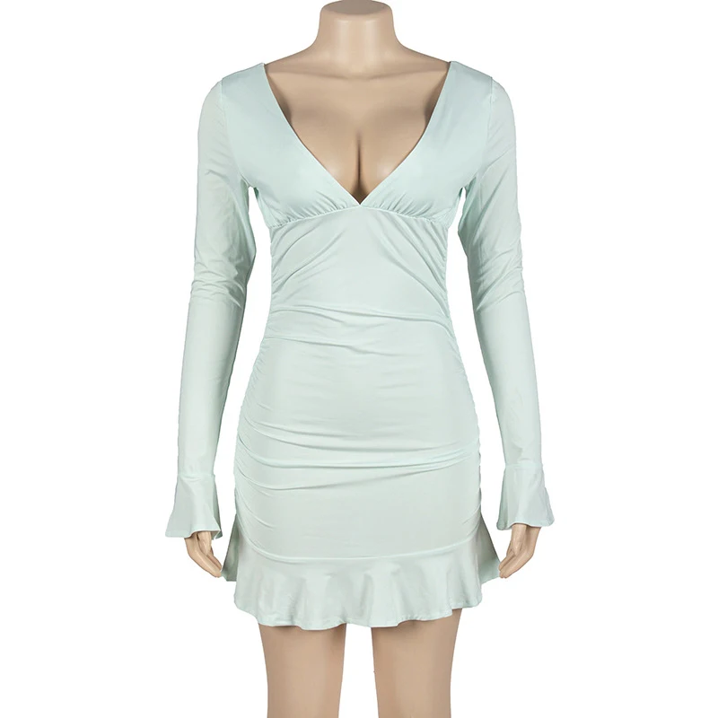 Sexy Women Dresses Solid Color V Neck Long Sleeve Ruffled Hem Ruched Bodycon Dress Evening Club Dresses Streetwear