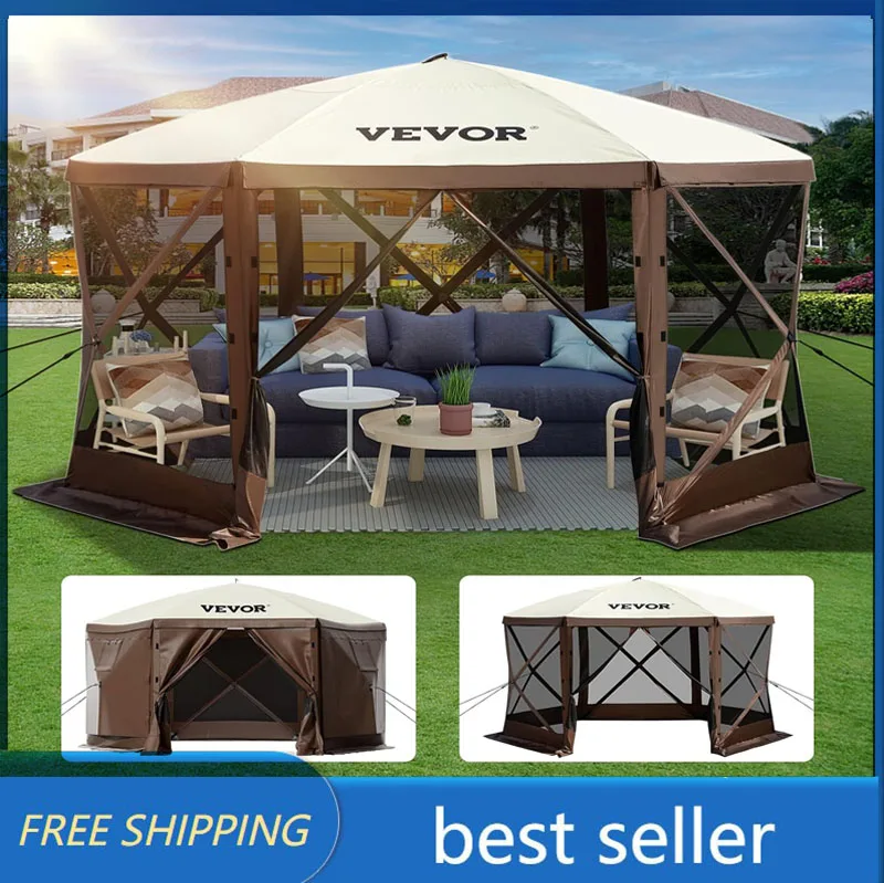 

Camping Gazebo Screen Tent, 6 Sided Pop-up Canopy Shelter Tent with Mesh Windows, Portable Carry Bag, Stakes, Large Shade Tents