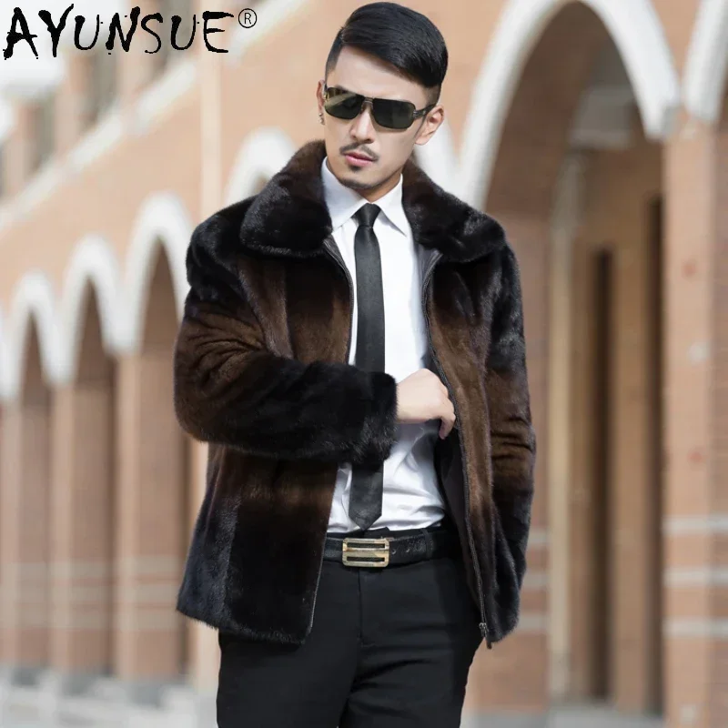 

AYUNSUE Imported Mink Real Fur Coat Mens Fur Jacket Coat Top Quality Natural Mink Fur Winter Coats for Men 2023 Turn Down Collar