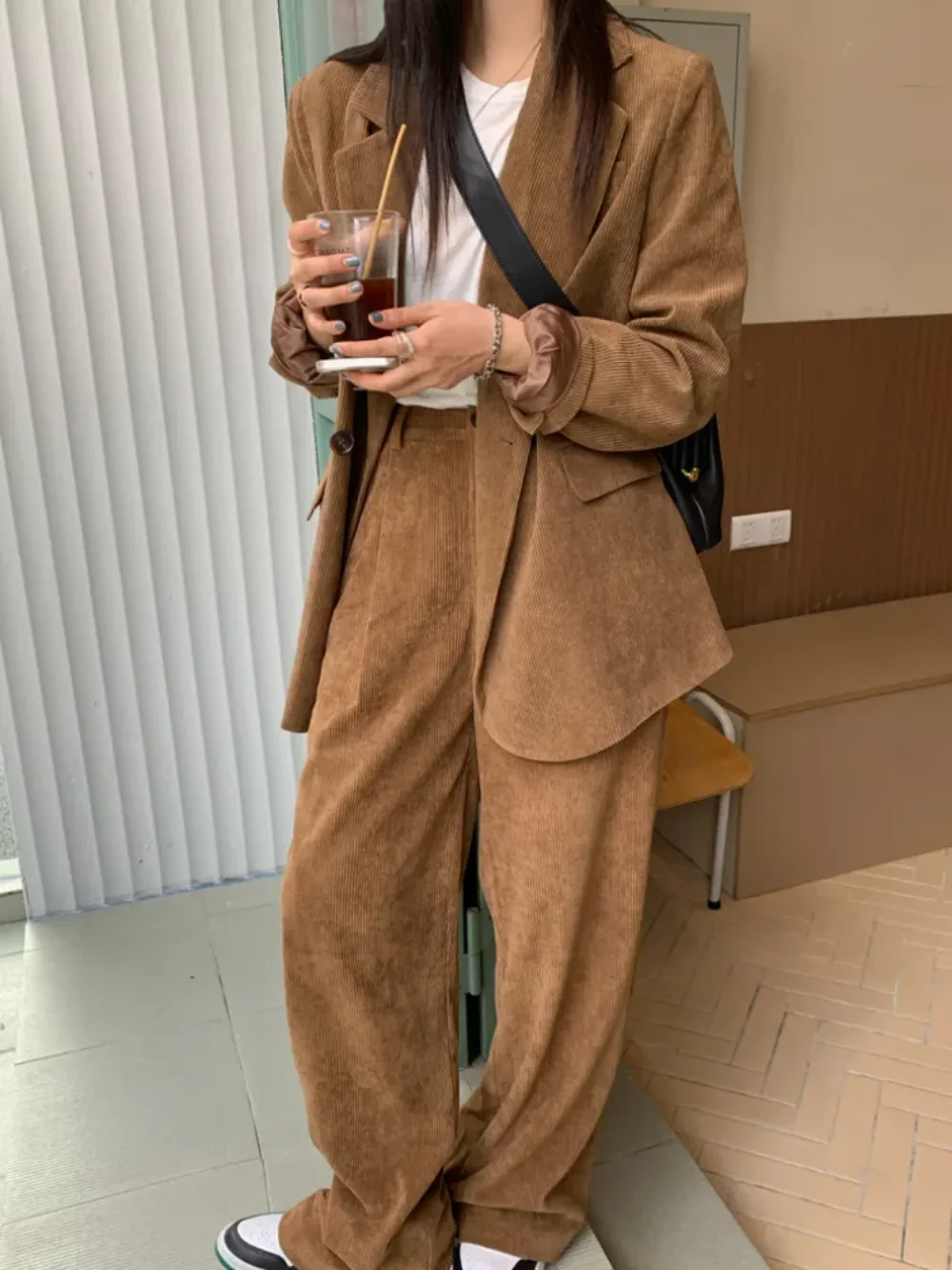 2023 Fashion Elegant Casual Women Blazer Pantsuits Autumn Office Corduroy Loose Business Trousers Suit Femme Streetwear Outfits