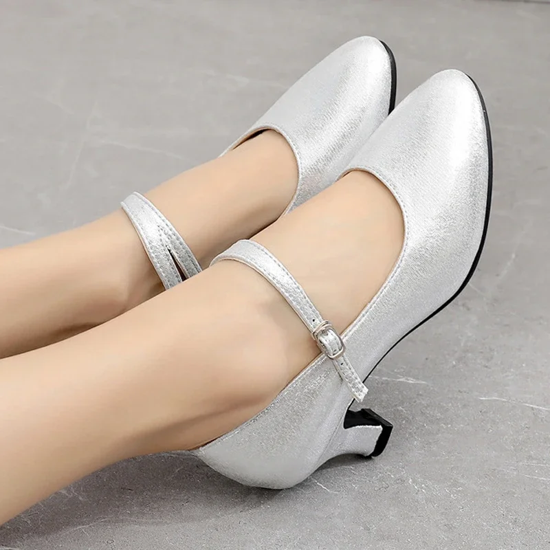 Women's Professional Jazz Tango Shoes 3.5/5cm Champagne Color Soft Sole Dance Shoes Square Social Dancing Shoes Standard 5