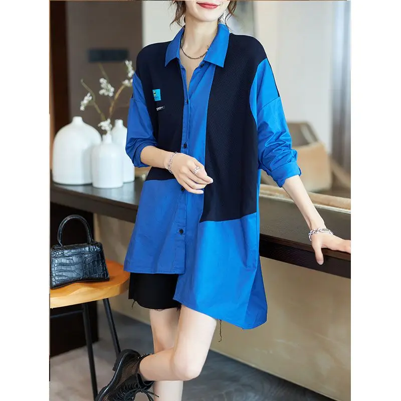 Contrasting Colors Spliced Fashion Midi Shirt for Women Casual Streetwear All-match Long Sleeve Split Irregular Polo-Neck Blouse