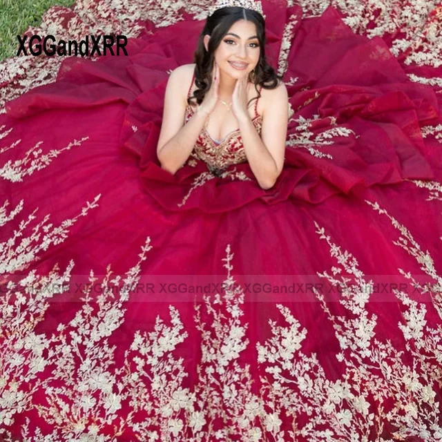 Vestido De color rojo vino, traje De baile con escote Corazón, encaje dorado, tirantes De capas, dulce 16, 15 años, 2023 _ - AliExpress Mobile