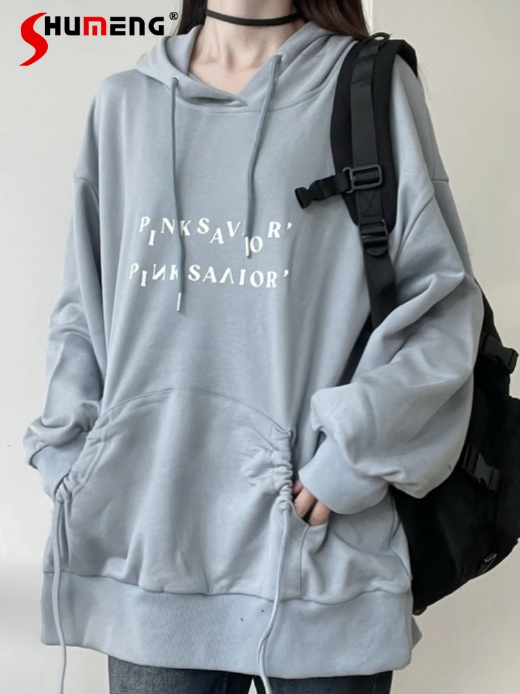 

Loose Sweatshirt Sudadera Mujer Women Cotton Lining Sportswear Student Autumn High Grade Gray Blue Drawstrings Hoodie Female