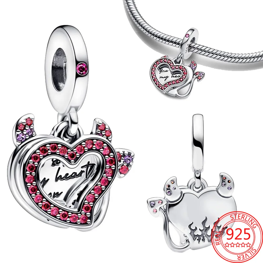 

Cute Pendant Pave Zircon Devil Heart Double Dangle Charm Fit Bracelet Valentine's Day 925 Sterling Silver Jewelry