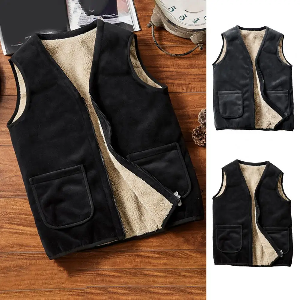 

Men Vest Mid-aged Father's Casual Zipper Closure Vest with Plush Lining Pockets for Autumn Winter Warm Waistcoat