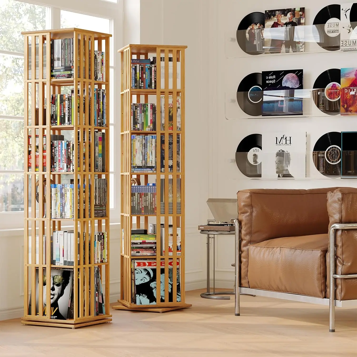 360° Rotating Bamboo CD/DVD Shelf - 6-Tier Space-Saving Media Storage Cabinet for Movies, Organizer with Super Compact Design