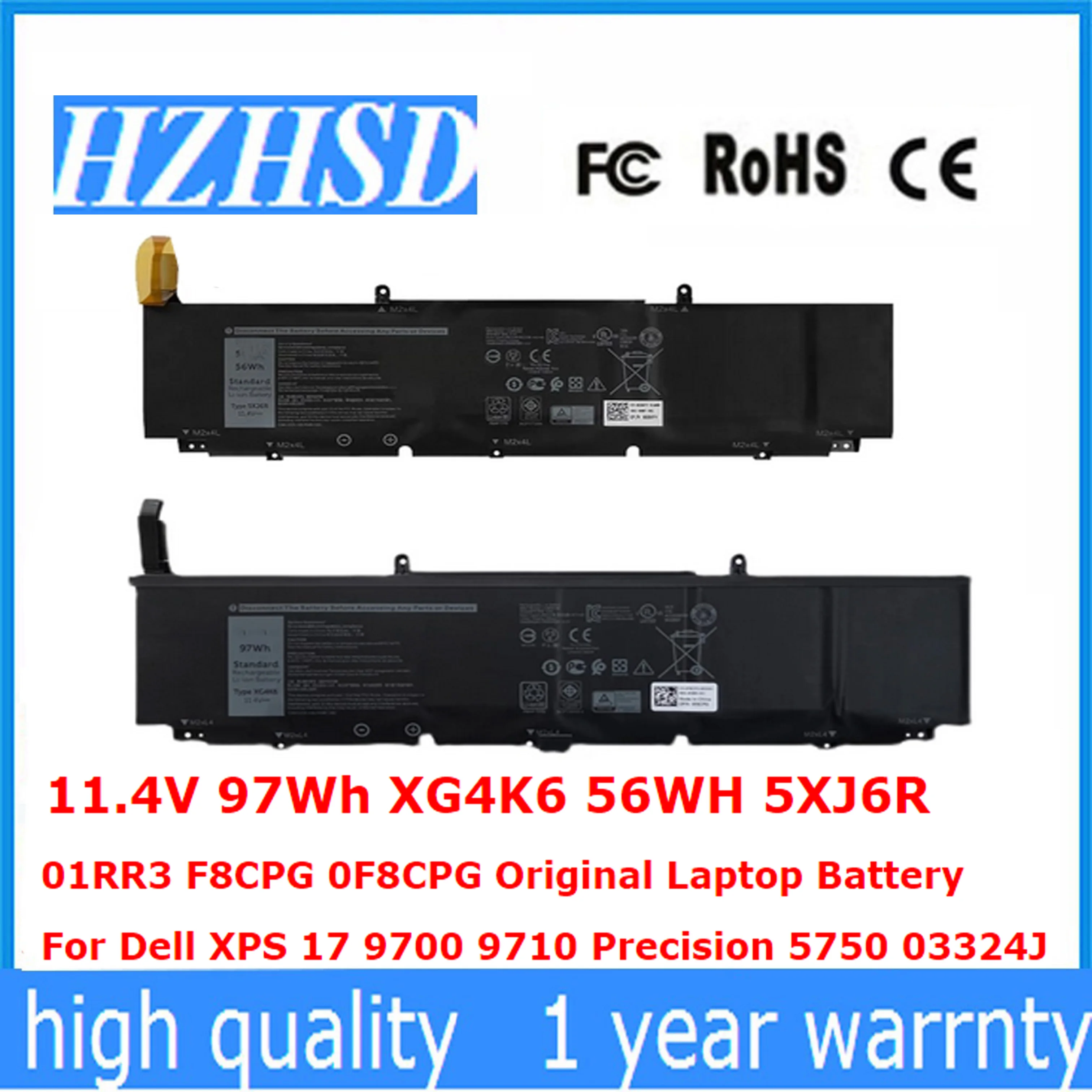 

XG4K6 11.4V 97Wh 5XJ6R 11.4V 56WH 01RR3 F8CPG 0F8CPG Original Laptop Battery For Dell XPS 17 9700 9710 Precision 5750 03324J