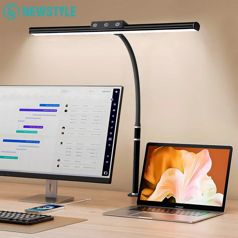 Lámpara de escritorio LED de 10W para oficina, hogar, abrazadera para el cuidado de los ojos, lámpara de escritorio USB con atenuación continua de 5 colores, Control táctil de cuello de cisne Flexible