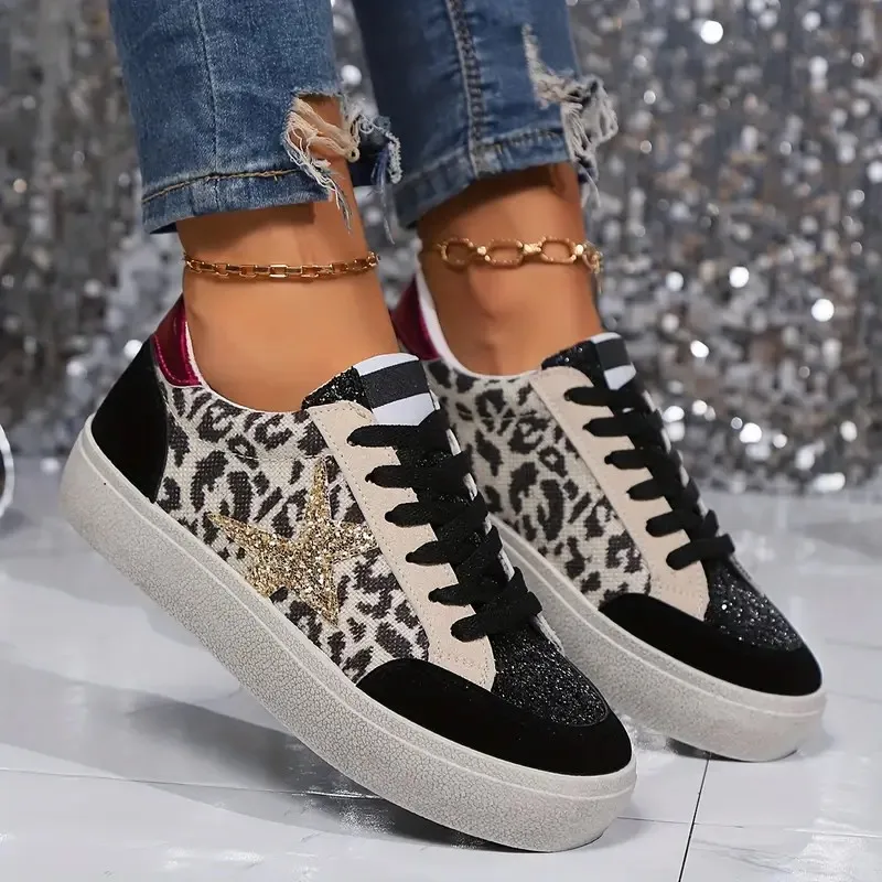 Ladies Fashionable Sports Shoes Leopard Print Star Pattern Anti Slip Soft Sole Lightweight Comfortable Casual Shoes 3