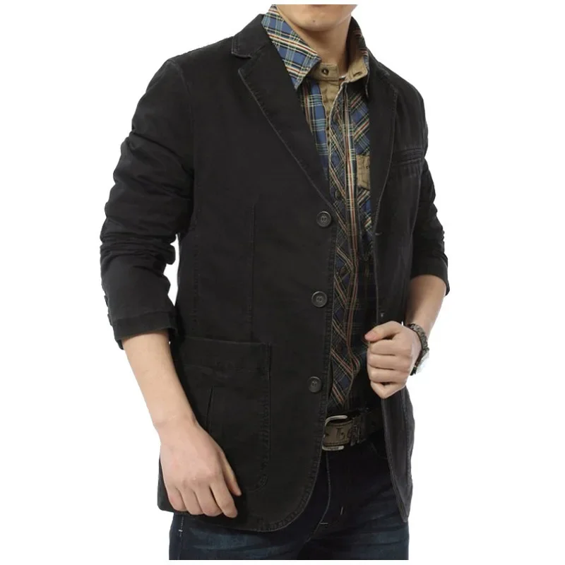 Men suits jackets: men casual blazers cotton denim parka slim fit jackets army green khaki big size M-XXXXL