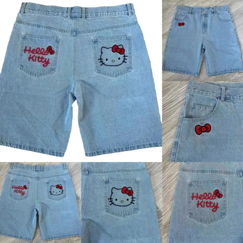 

Женские джинсовые брюки Hello Kitty, с вышивкой, в стиле ретро, с американским градиентом, модные уличные свободные прямые брюки с высокой талией и широкими штанинами