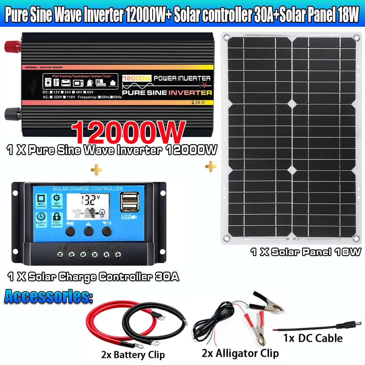 Kit Pannello Solare 10000W 12000W Da 12V A 110V/220V Inverter Di Potenza A Onda Sinusoidale Pura Controller Caricabatteria Per Camper Travel Van Campe