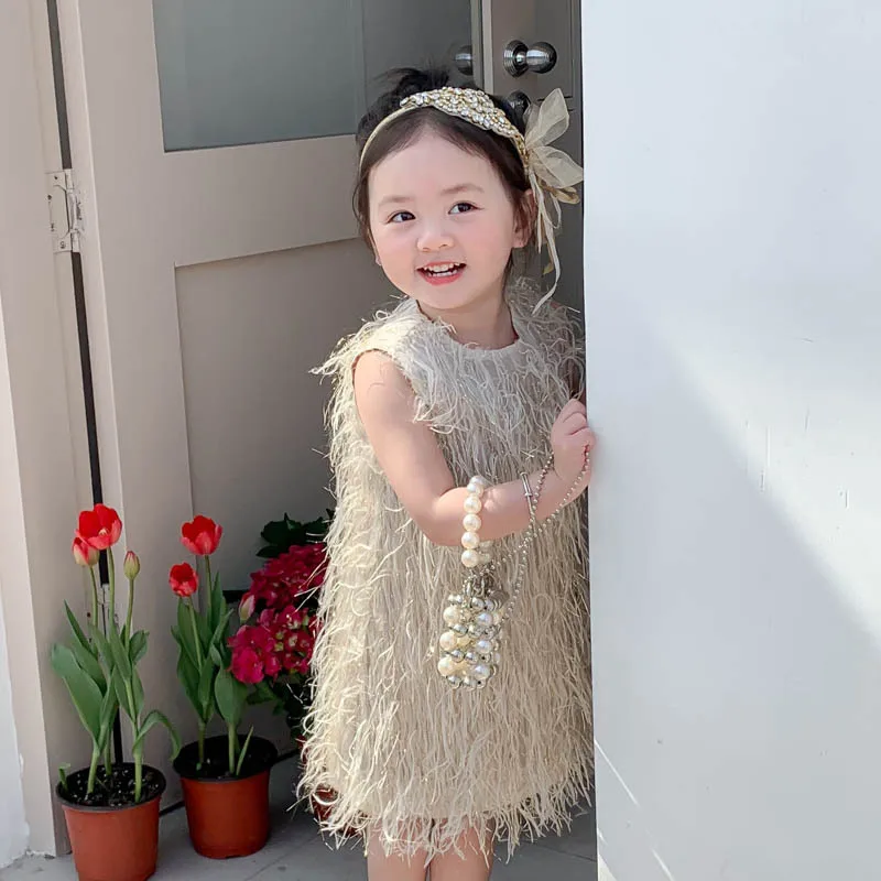 

Ostrich Fur Children's Dress Vest Skirt Model Show Host Medium Length Performance Dress Girl Princess Dress