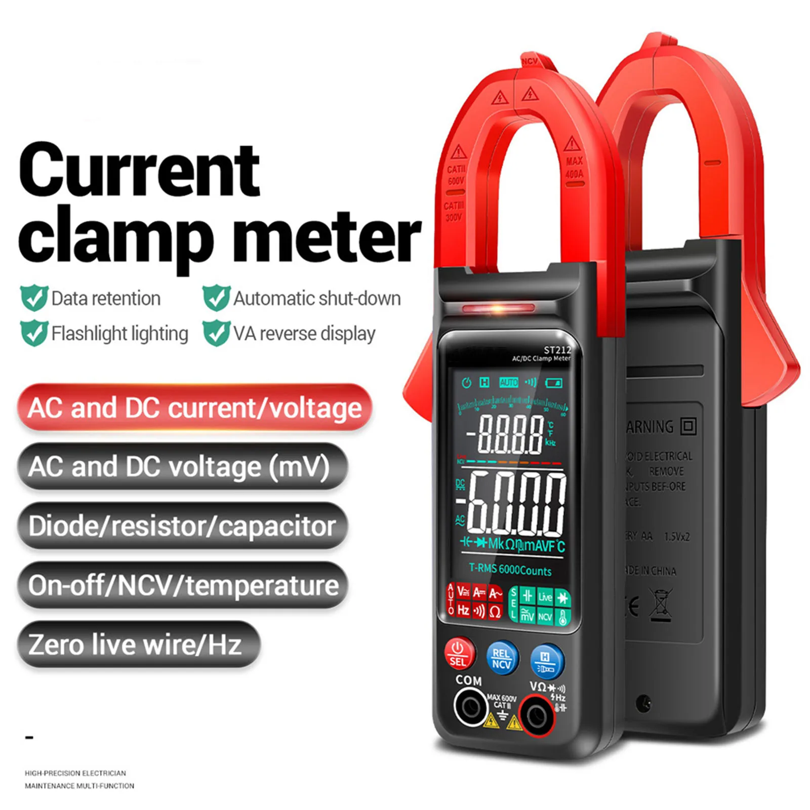 

New Current Digital Clamp Meter 6000 Counts 400A Amp Multimeter Large Color Screen Voltage Tester Auto Hz NCV Ohm