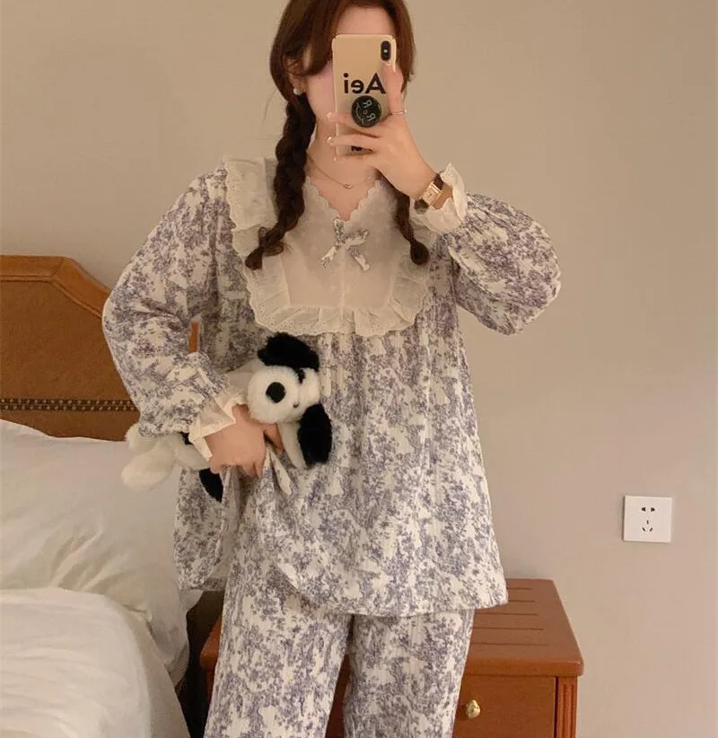 

Осенне-зимние пижамные комплекты, кружевная одежда для сна в стиле пэчворк с V-образным вырезом и цветочным принтом, хлопковые марлевые пижамные штаны, модель S414