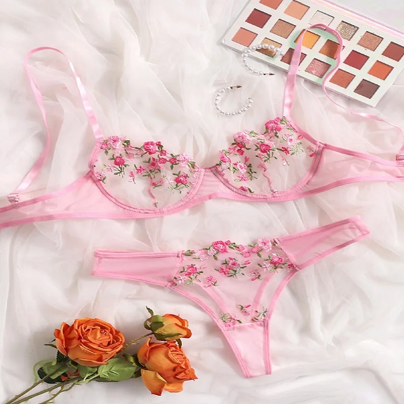 Women Lingerie Set Sexy Lace Fairy Embroidery Briefs Push Up Bra Thong