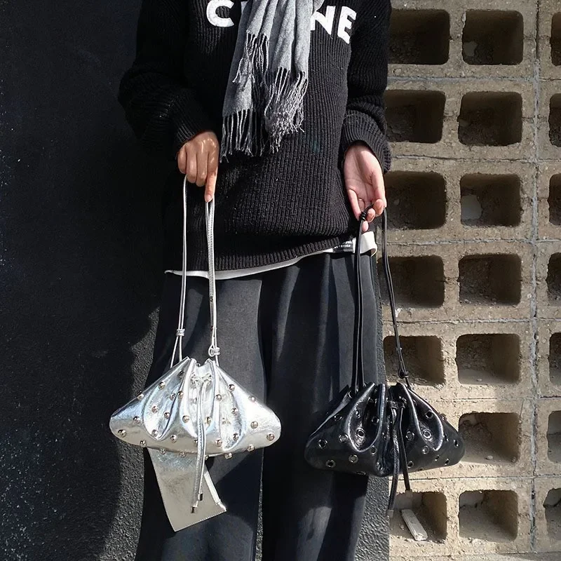 Luxury Rivet Bucket Bags for Women PU Leather Purses and Handbags Designer Shoulder Bag Retro High Quality Clutch Female New