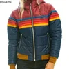 2025 Autumn Winter New Fashion Stripe Zipper Hooded Parkas Women Cotton Clothes Rainbow Jacket Splicing Pocket Ladies Outerwear