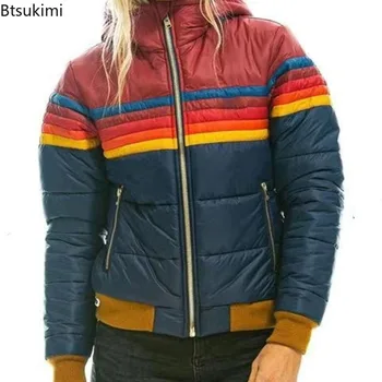 2025 Autumn Winter New Fashion Stripe Zipper Hooded Parkas Women Cotton Clothes Rainbow Jacket Splicing Pocket Ladies Outerwear