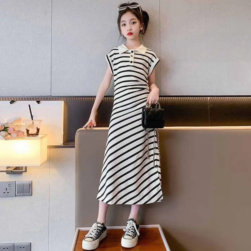 Princess Children Stripe Long Dress Short Sleeve Skirt Summer Kids Dresses Teenagers Party Girls Stripe Dress Beach Vacation