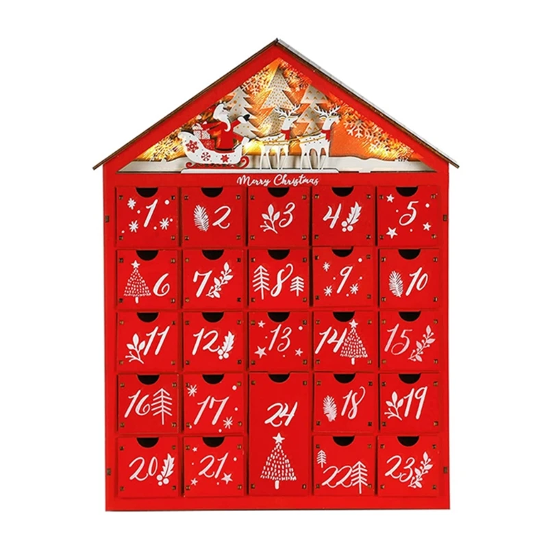 Snowy Village Christmas Red Wooden Advent Calendar House with LED Light 24  Storage Drawers Xmas Countdown Candy Organizer - AliExpress