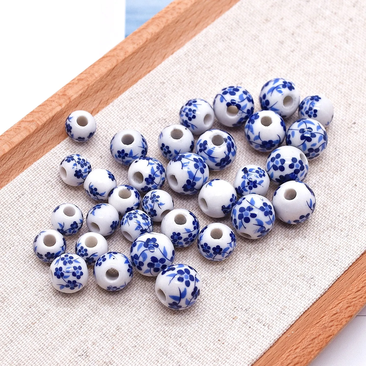 Blue Flower Patterned Ceramic Beads for DIY Jewelry - Set of 10