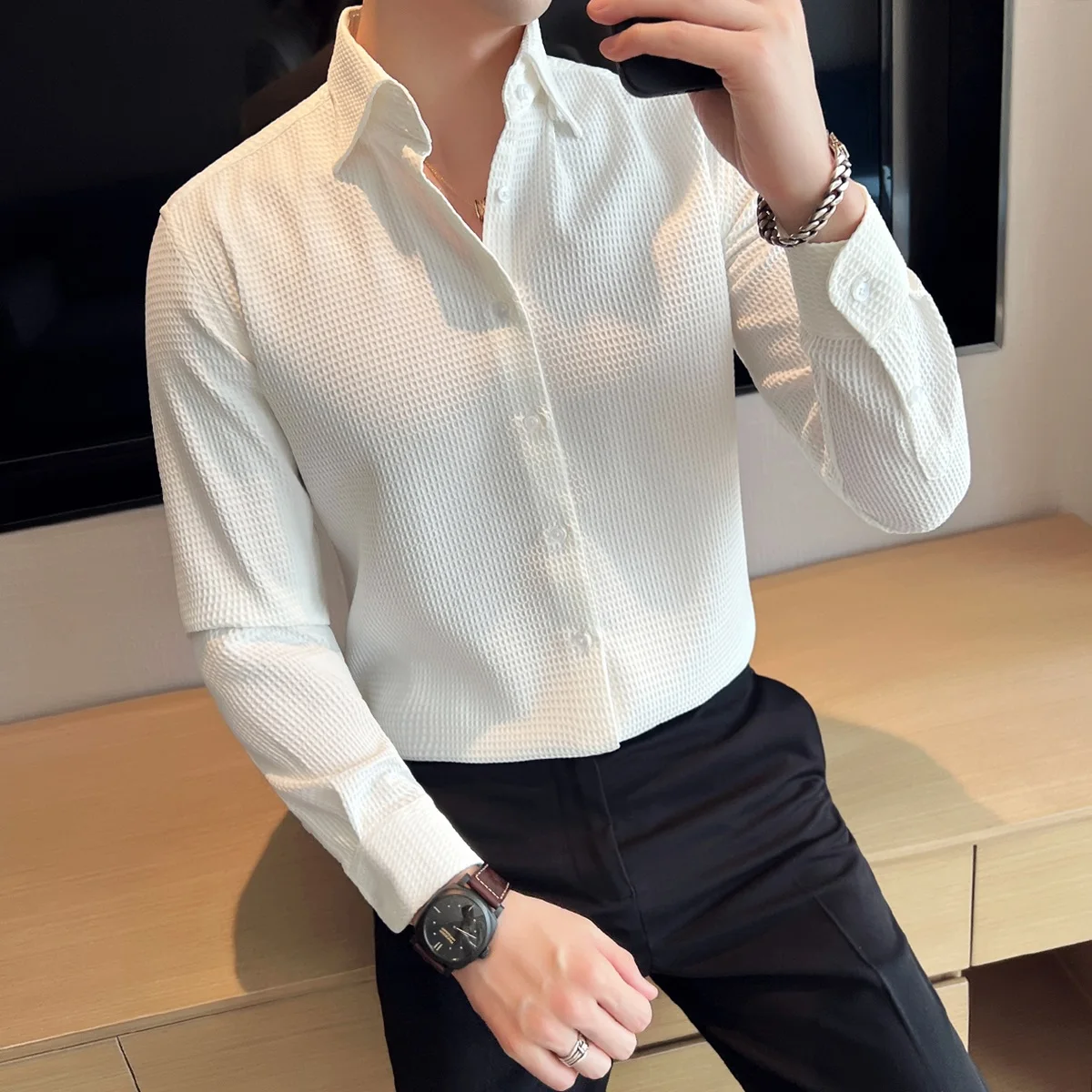 

2023 Men Spring Autumn New Long Sleeve Solid Shirts Male Lapel Office Dress Shirts Men Slim Fit Business Casual Blouses P319