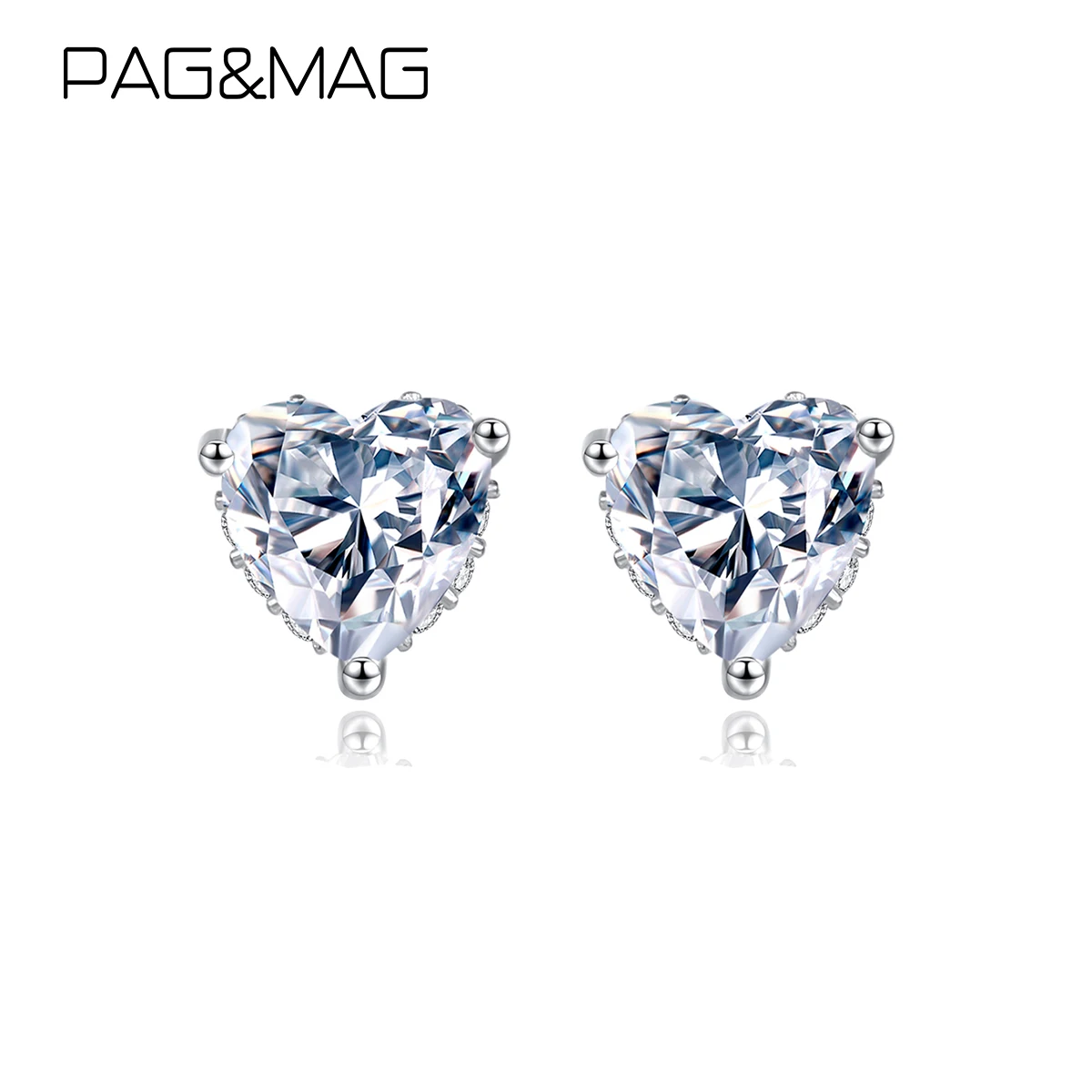 PAG&MAG 1CT Moissanite Earrings Heart Shape Design Fine Jewelry Sparkling Female Decoration Studs for Women Stylish Accessories