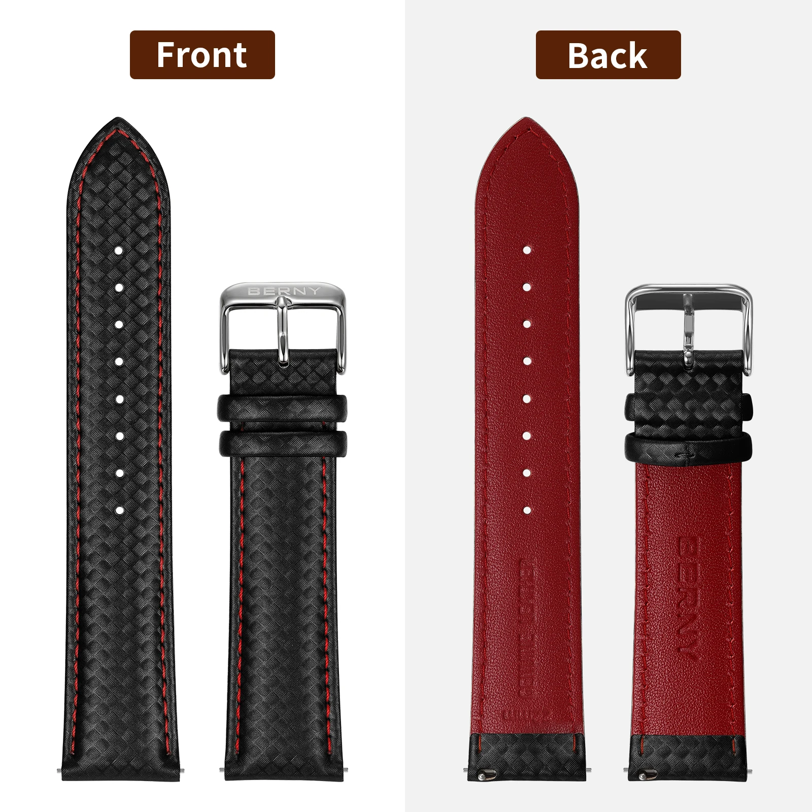 Berny-pulseira de Couro Genuíno Pulseira Carbon Fiber Grain Pulseiras Relógio Cinta de Liberação Rápida Carbon Fiber Pattern 20 mm 22 mm - Image 3