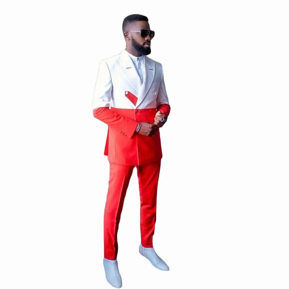 Men's Suits Pieces White Red Splicing Slim Fit Groom Wedding