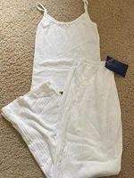 Eyelet White Tank Pant Home Set Woman Bow Slim Crop Top+Elastic High Waist Straight Trousers Summer Cotton Pajama 2 Piece Sets 1