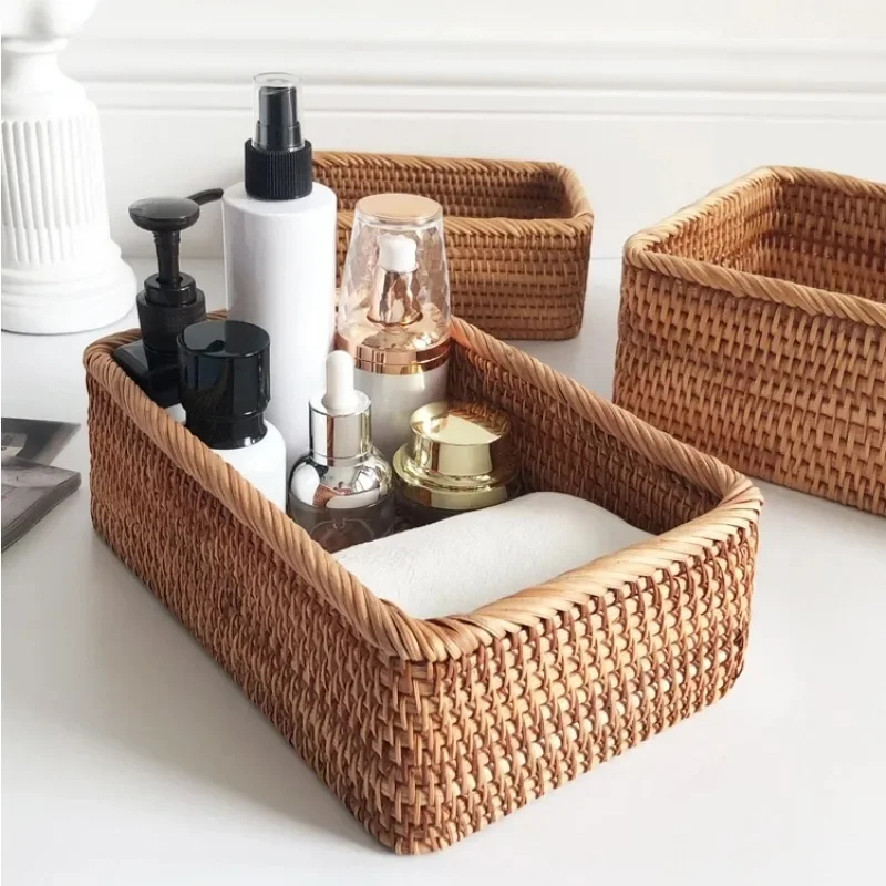 Hand-woven Rattan Wicker Basket Fruit Tea Snack Bread Basket Cosmetic Rectangular Storage Box Household Kitchen Supplies 4