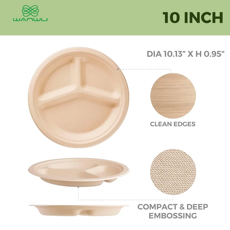 50 pcs 10 inch disposable paper plates, round with 3 compartments, made of eco-friendly plant fiber