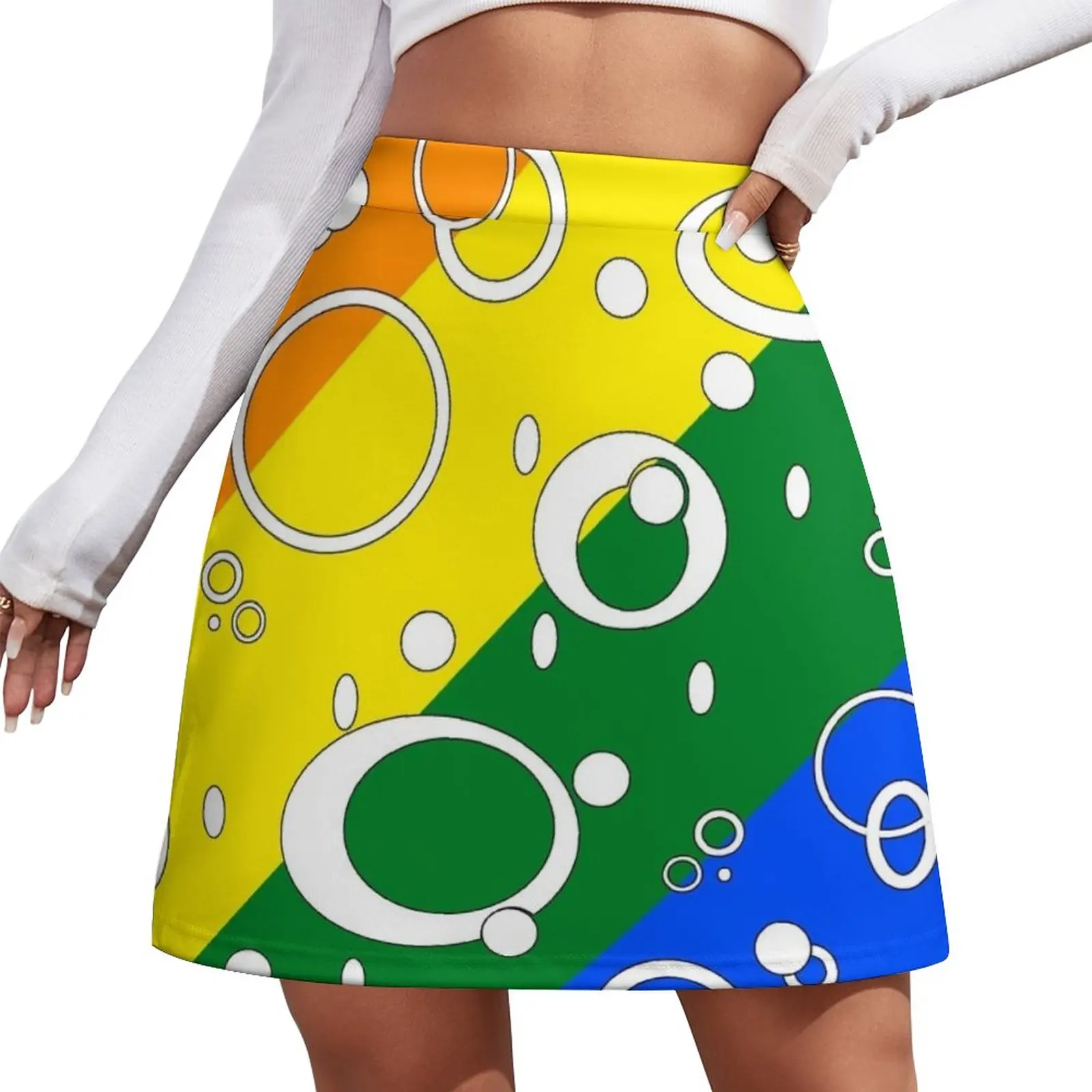 Retro Futuristic Loops, Rainbow Pride Flag, White Loops Mini Skirt Evening dresses Clothing night club outfit