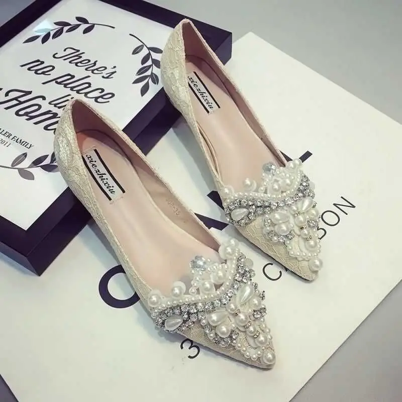

Plus Size 41 42 Fashion Pumps For Women Casual Shoes Beaded Diamond Solid Pearl Low Heels Pointed-toe Slip-On Work Shoes Female