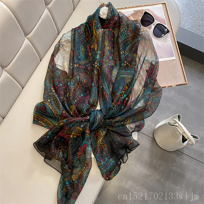 thumbnail image 1 of Nuevo chal de seda fino y grande para mujer, bufanda elegante con estampado floral, chal de pashmina para playa, bufanda, pañuelo, 2023, 1 of 5