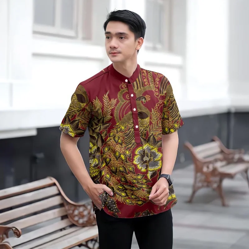 Koko Kurta Shirt Men Ramadan Raya Shirt 2025 Stand Collar Loose Breathable Comfortable Fabric 3D Printed Pattern Short Sleeve