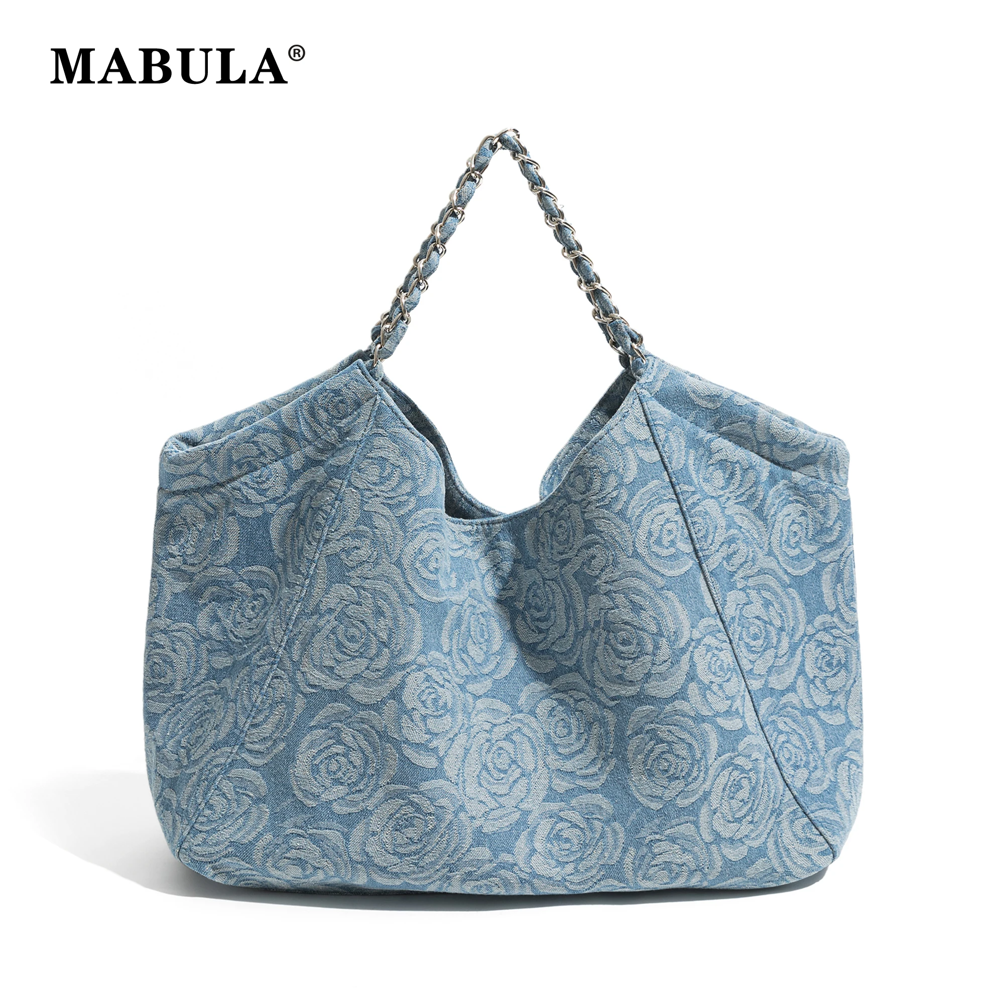 

MABULA Printed Denim Women's Tote Handbag Fashion Big Capacity Shoulder Bag Set with Small Wallet Casual Eco Daily Shopper Purse