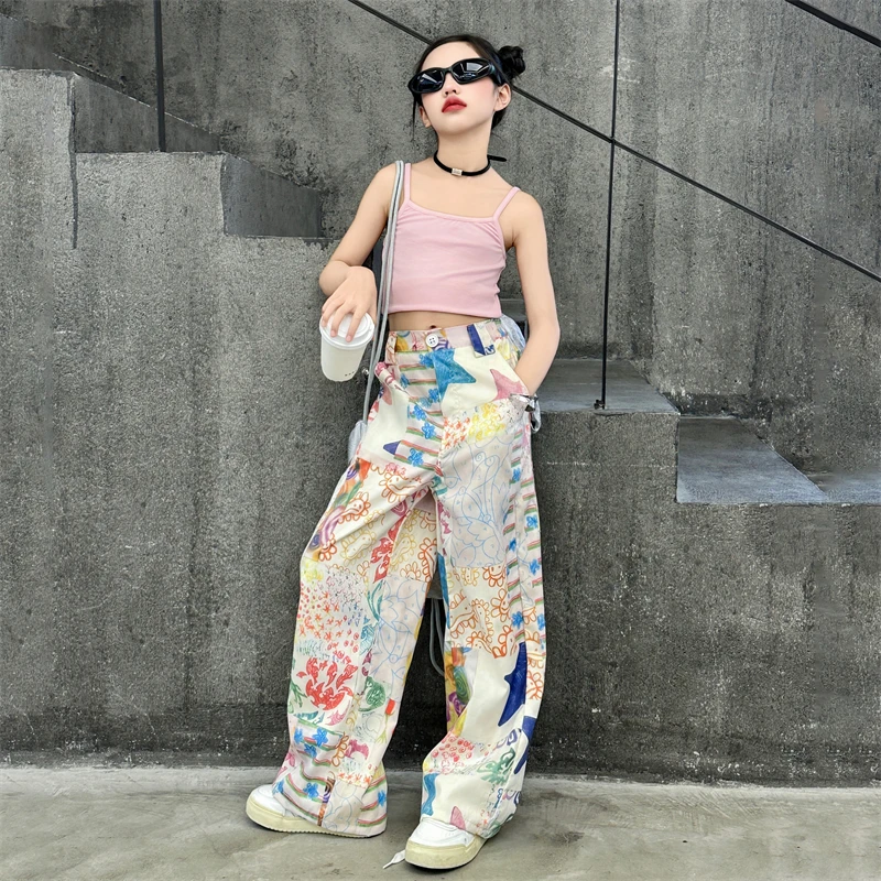 teen Funny Print Pants Girl Graffiti printed straight Wide Leg Trousers Casual Child Loose Pantalones Thin Sweatpants Streetwear