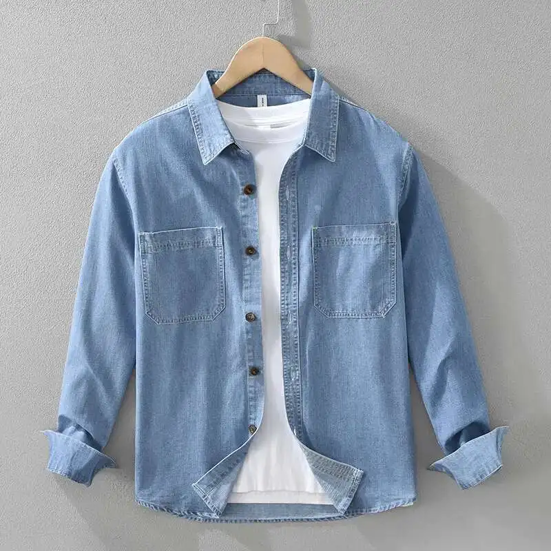 Denim Shirts Men Turn down Collar Long Sleeve Shirts Loose Cotton75% Vintage Jeans Shirt Spring Autumn