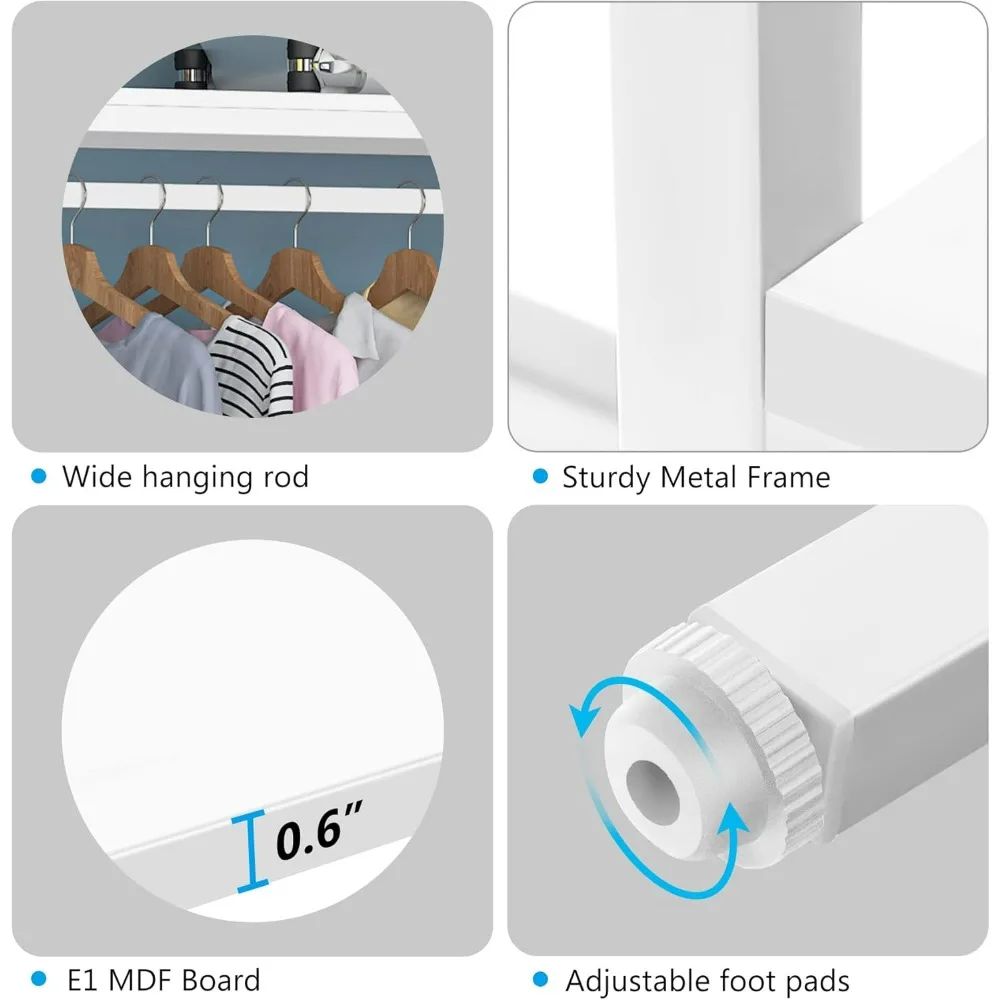 Sturdy Wooden Freestanding Clothes Closet with Shelves and Hanging Bars