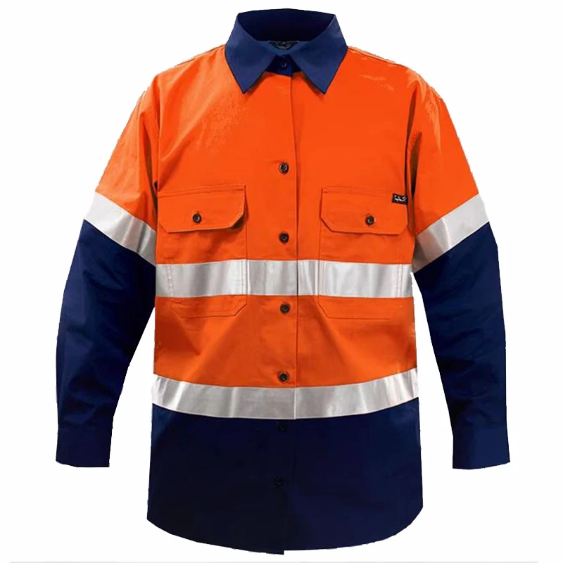 

High Visibility Shirt Men Long Sleeve Hi Vis Work Clothing with Pockets Cotton Reflective Work Clothes Two Tone Safety Workwear