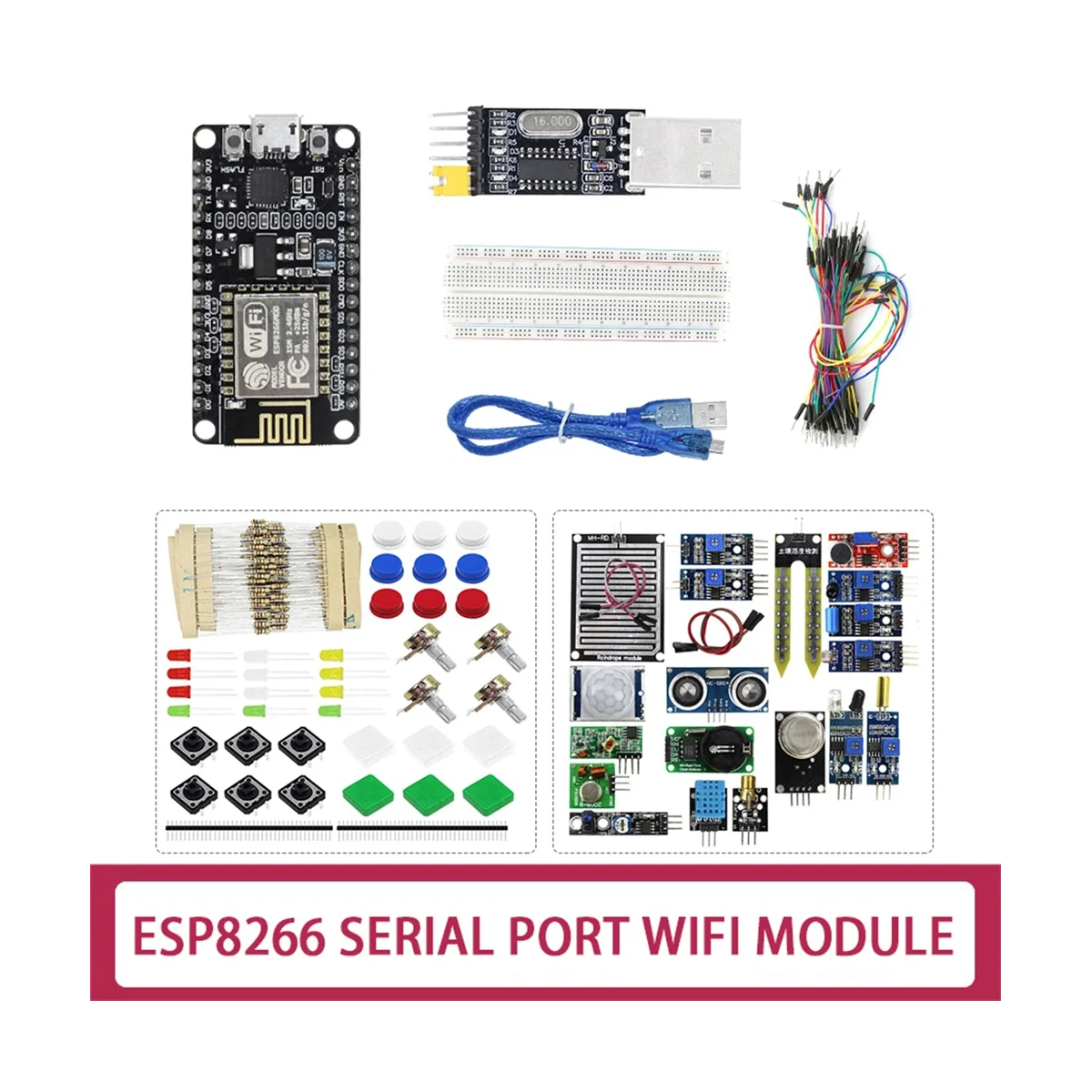 

ESP-12E ESP8266 CP2102 макетная плата + 16X Датчики + элемент посылка + модуль последовательного порта USB + 65 перемычек + хлеб