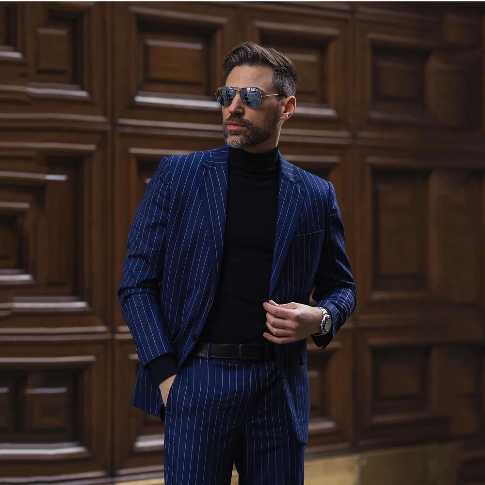 

Fashion Navy Blue Striped Suits For Mens Formal Business Blazer Wedding Groom Tuxedo 2 Piece Set Jacket Pants Terno Masculino