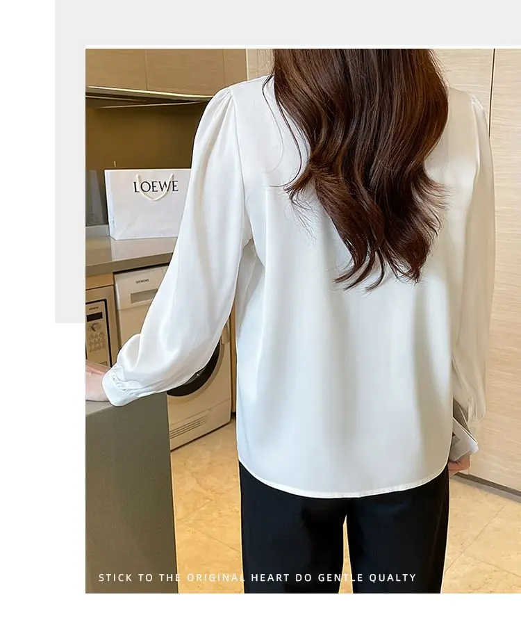 Korean Lacing Loose Solid Blouse Spring Autumn New Chiffon Long Sleeve All-match Elegant Shirt Tops Fashion Office Women Clothes