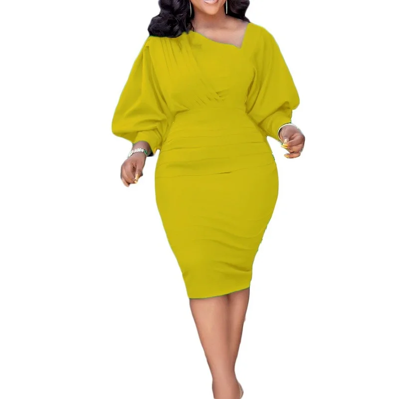 2022 Summer Elegent African Women V-neck Long Sleeve Green Blue Yellow Knee-length Dress African Dresses for Women