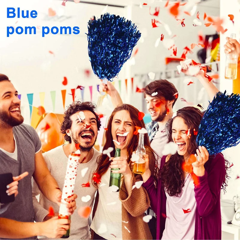 120Pcs Cheerleading Pom Poms Metallic Foil Cheer Pom Poms With Plastic Handle For Adults Kids Cheerleaders Party Blue